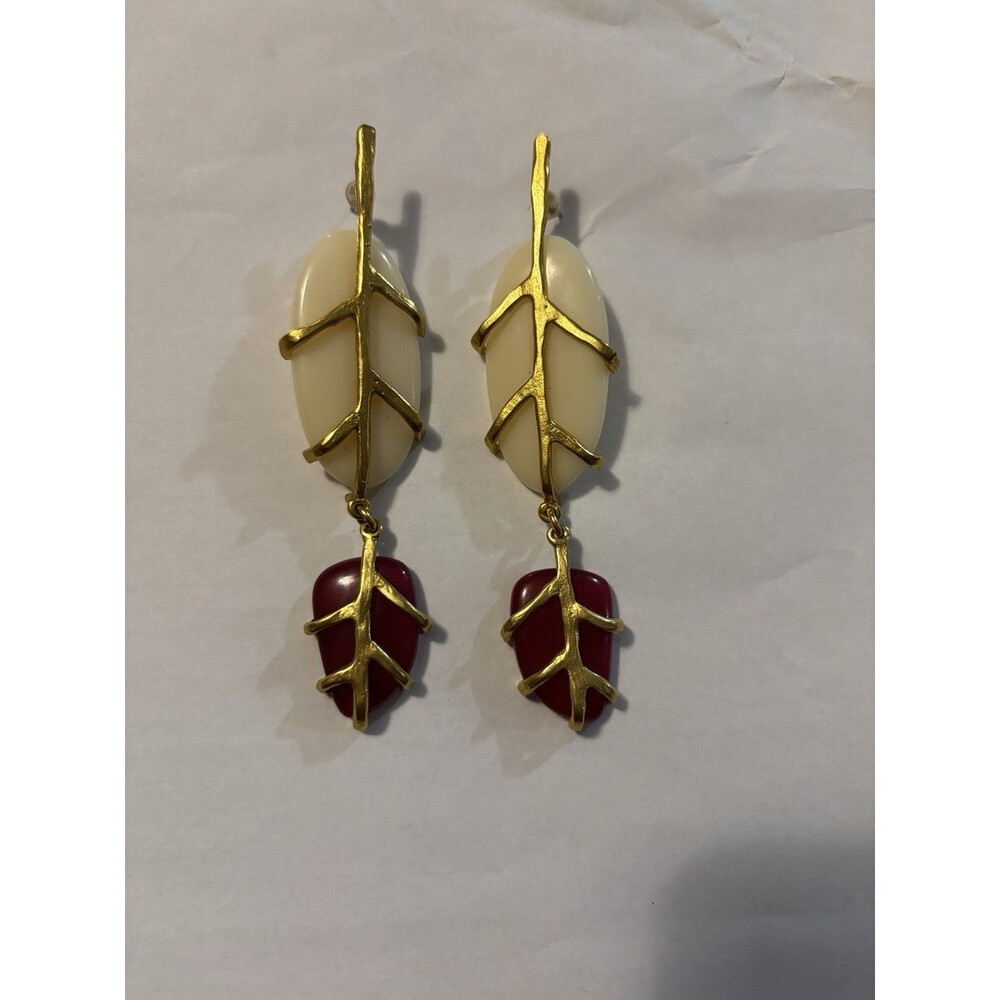 Gold Tone Leaf Dangle Drop Earrings Hook Closure White & Red Drops 5 in